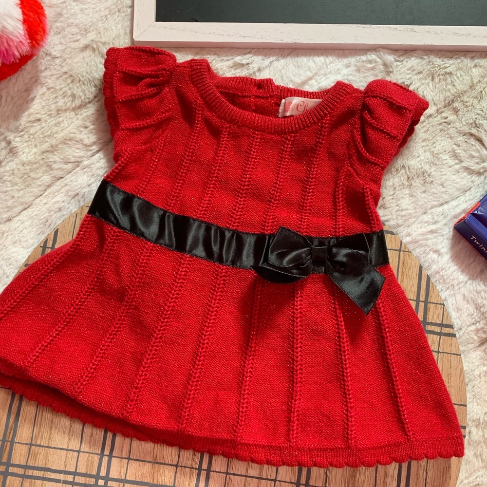 Cherokee Red Sparkly Short Sleeve Dress w/Bow (NB)